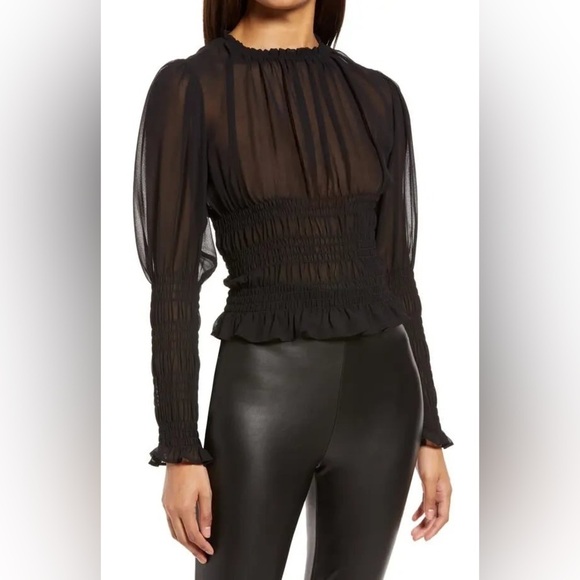 Halogen Tops - Halogen Smocked Chiffon Blouse Long Statement Sleeve Sheer Date Night Out Black